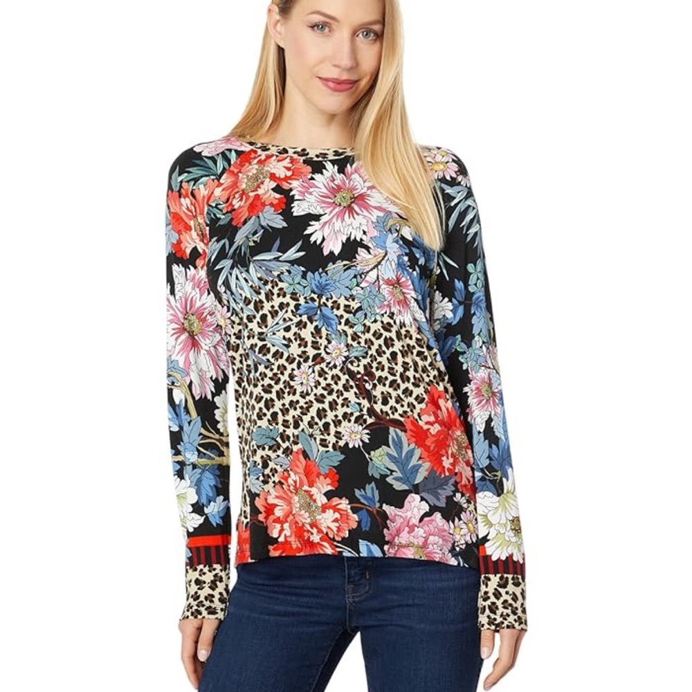 Johnny Was Ontari Floral and Leopard boho Women's Top L